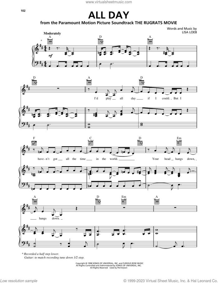 All Day (from The Rugrats Movie) sheet music for voice, piano or guitar by Lisa Loeb, intermediate skill level