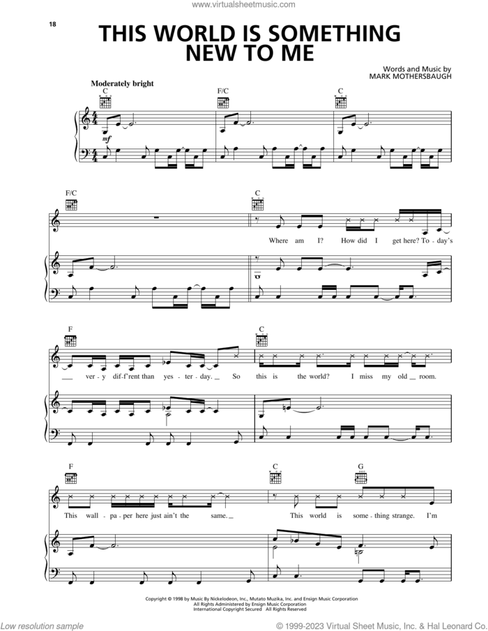 This World Is Something New To Me (from The Rugrats Movie) sheet music for voice, piano or guitar by Mark Mothersbaugh, B-Real, Beck Hansen, Catherine Elizabeth Pierson, Cindy Wilson, Dawn Robinson, Fred Schneider, Gordon Gano, Iggy Pop, Jakob Dylan, Kate Pierson, Laurie Anderson, Lenny Kravitz, Lisa Loeb, Lou Rawls, Patti Smith and Phife Dawg, intermediate skill level