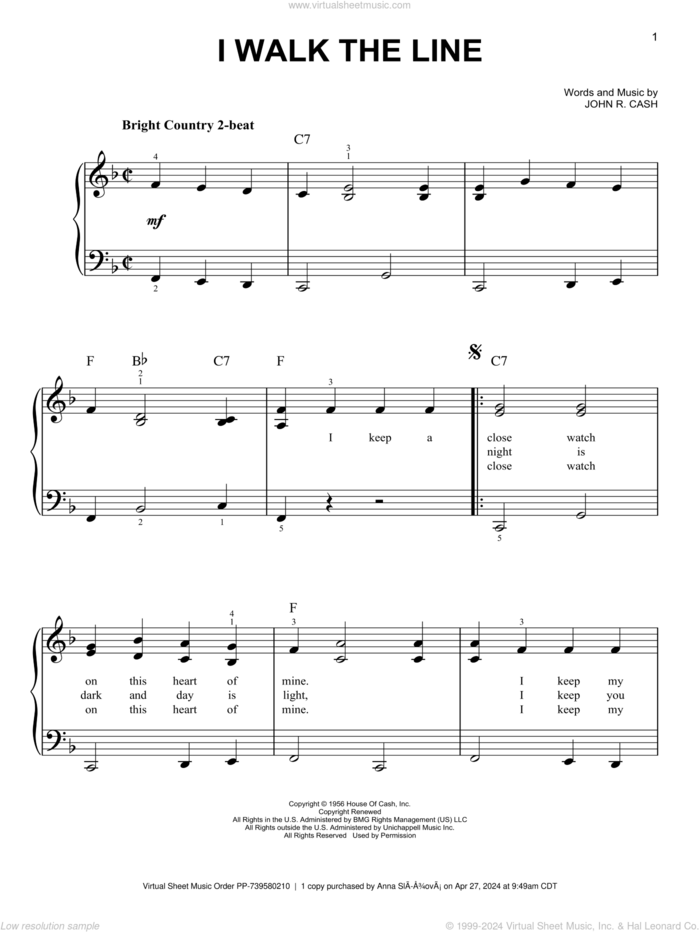 I Walk The Line, (easy) sheet music for piano solo by Johnny Cash and Walk The Line (Movie), easy skill level