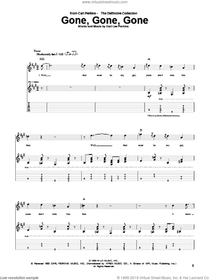 Gone, Gone, Gone sheet music for guitar (tablature) by Carl Perkins, intermediate skill level