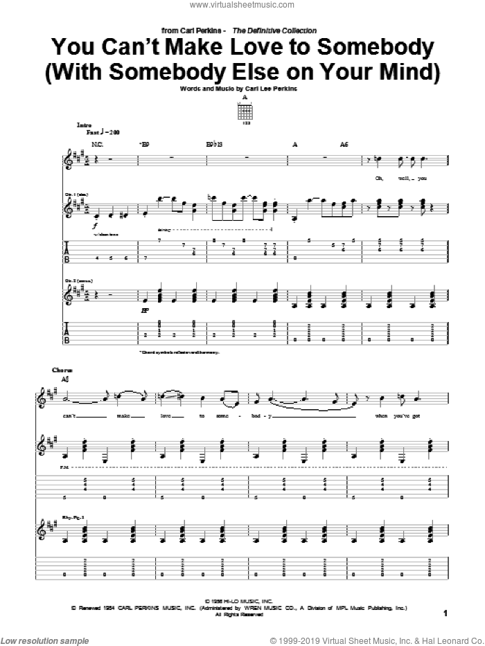 You Can't Make Love To Somebody (With Somebody Else On Your Mind) sheet music for guitar (tablature) by Carl Perkins, intermediate skill level