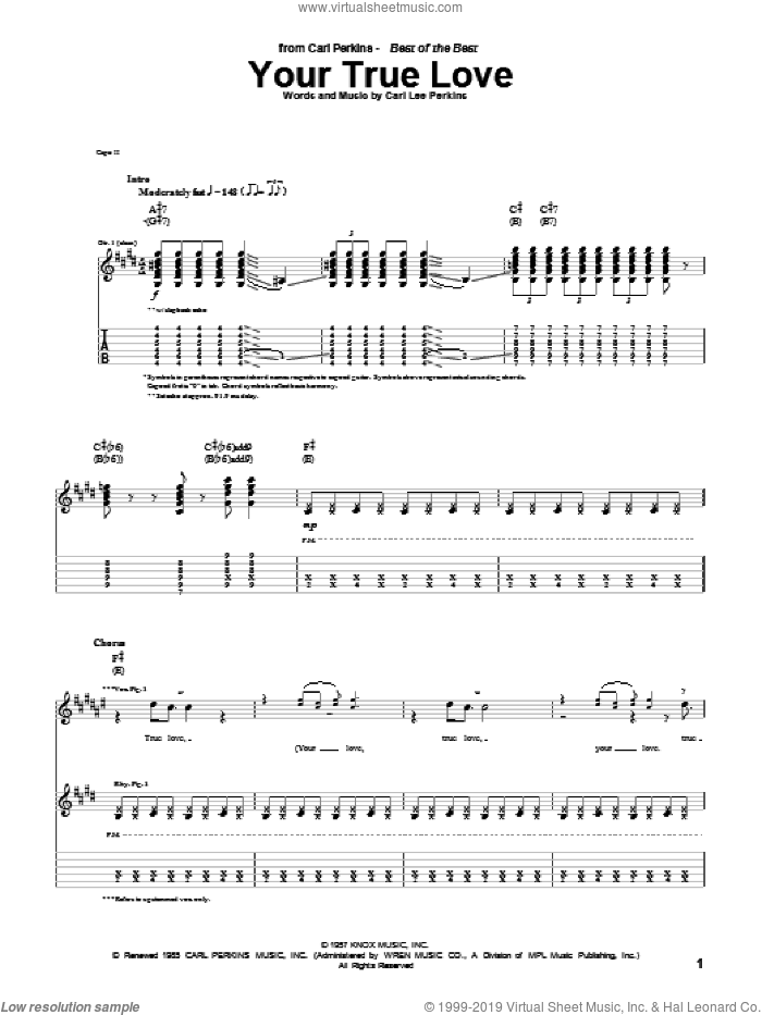 Your True Love sheet music for guitar (tablature) by Carl Perkins, intermediate skill level