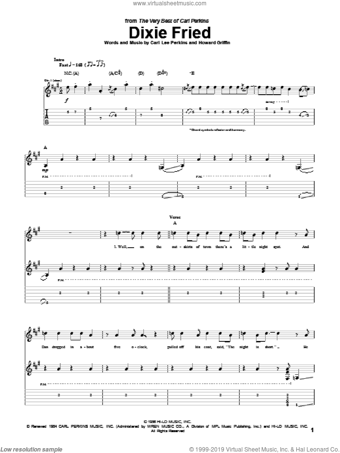 Dixie Fried sheet music for guitar (tablature) by Carl Perkins and Howard Griffin, intermediate skill level