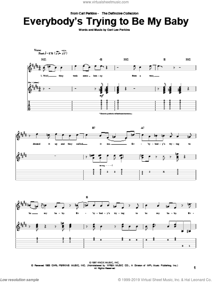 Everybody's Trying To Be My Baby sheet music for guitar (tablature) by Carl Perkins and The Beatles, intermediate skill level