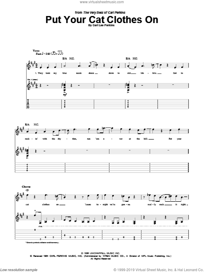 Put Your Cat Clothes On sheet music for guitar (tablature) by Carl Perkins, intermediate skill level