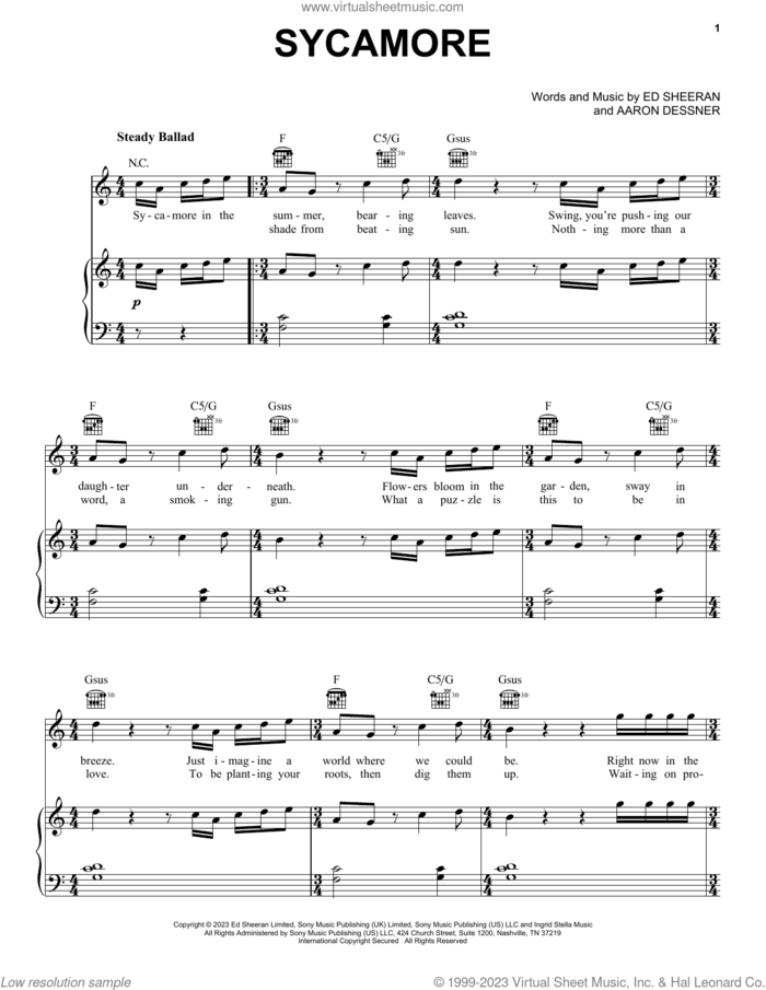 Sycamore sheet music for voice, piano or guitar by Ed Sheeran and Aaron Dessner, intermediate skill level