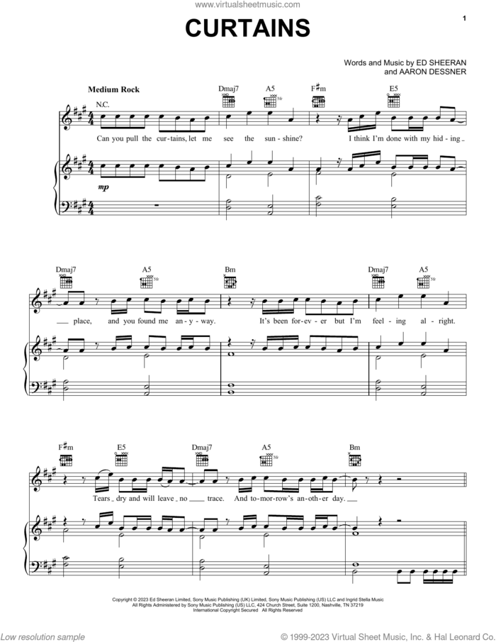Curtains sheet music for voice, piano or guitar by Ed Sheeran and Aaron Dessner, intermediate skill level