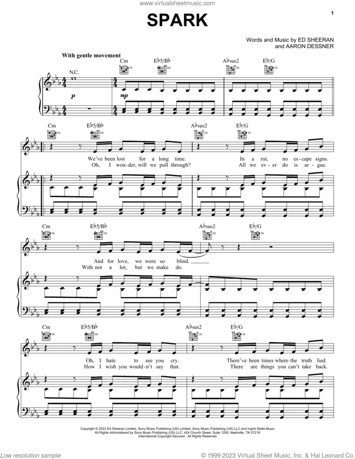 Spark sheet music for voice, piano or guitar by Ed Sheeran and Aaron Dessner, intermediate skill level