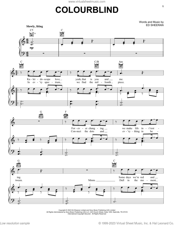 Colourblind sheet music for voice, piano or guitar by Ed Sheeran, intermediate skill level