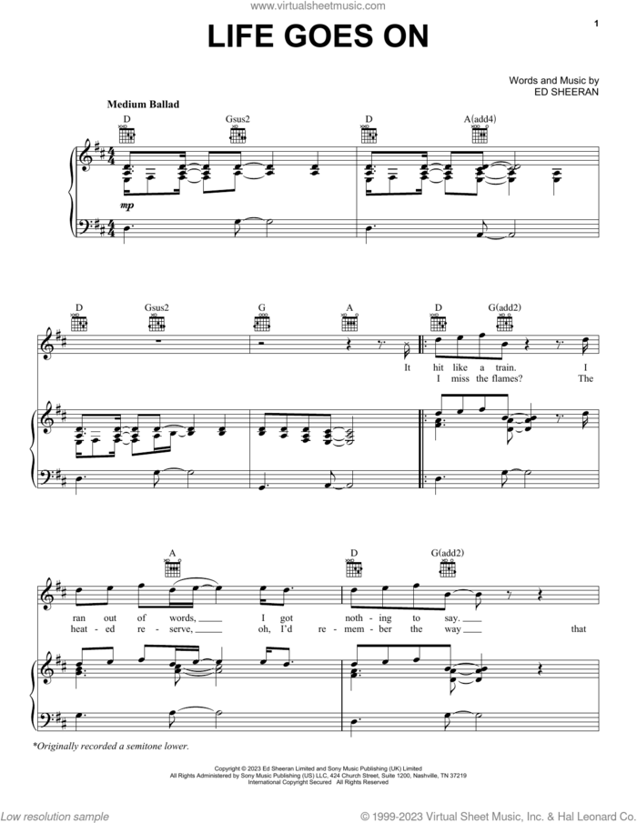 Life Goes On sheet music for voice, piano or guitar by Ed Sheeran, intermediate skill level
