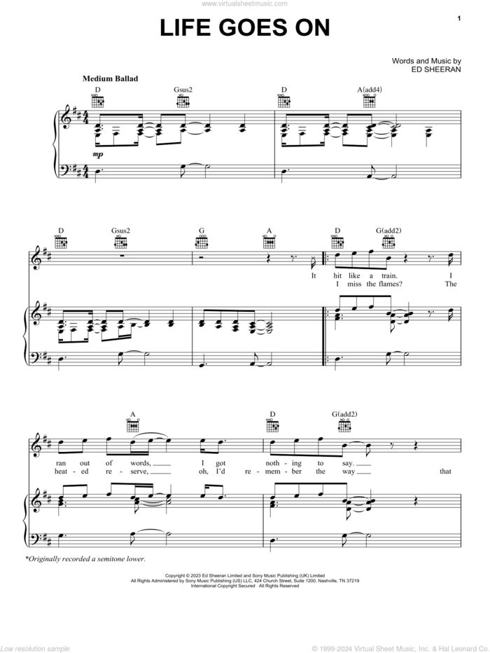 Life Goes On sheet music for voice, piano or guitar by Ed Sheeran, intermediate skill level