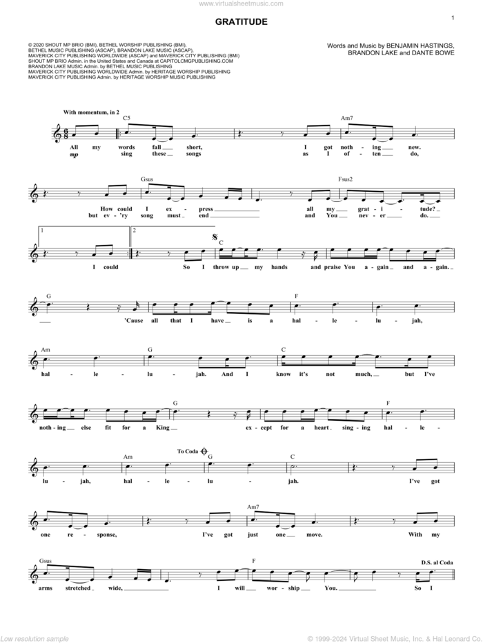Gratitude sheet music for voice and other instruments (fake book) by Brandon Lake, Benjamin Hastings and Dante Bowe, intermediate skill level