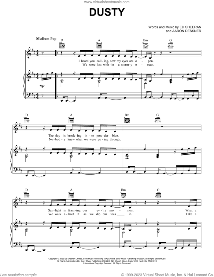 Dusty sheet music for voice, piano or guitar by Ed Sheeran and Aaron Dessner, intermediate skill level