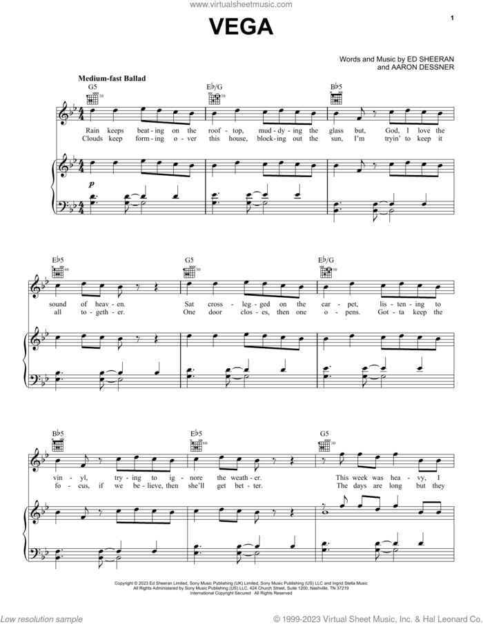 Vega sheet music for voice, piano or guitar by Ed Sheeran and Aaron Dessner, intermediate skill level