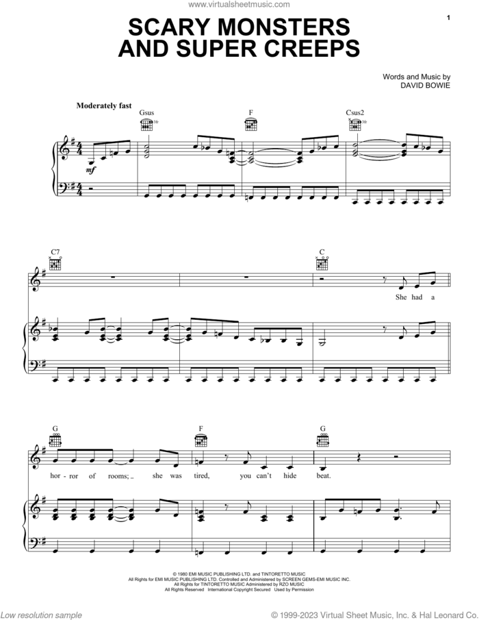 Scary Monsters And Super Creeps sheet music for voice, piano or guitar by David Bowie, intermediate skill level