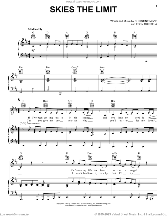 Skies The Limit sheet music for voice, piano or guitar by Fleetwood Mac, Christine McVie and Eddy Quintela, intermediate skill level