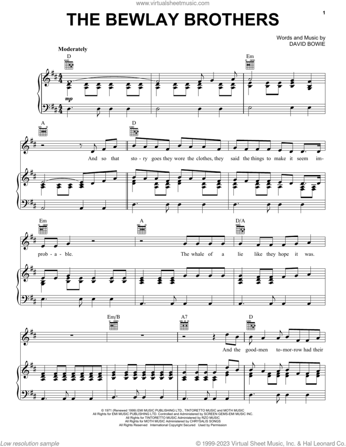 The Bewlay Brothers sheet music for voice, piano or guitar by David Bowie, intermediate skill level