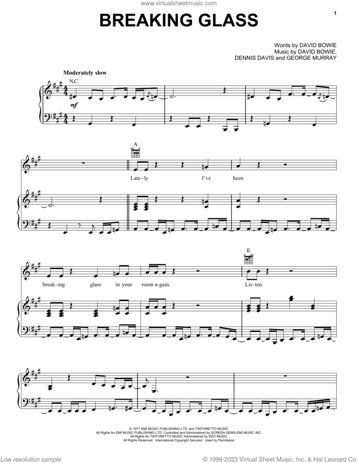 Breaking Glass sheet music for voice, piano or guitar by David Bowie, Dennis Davis and George Murray, intermediate skill level