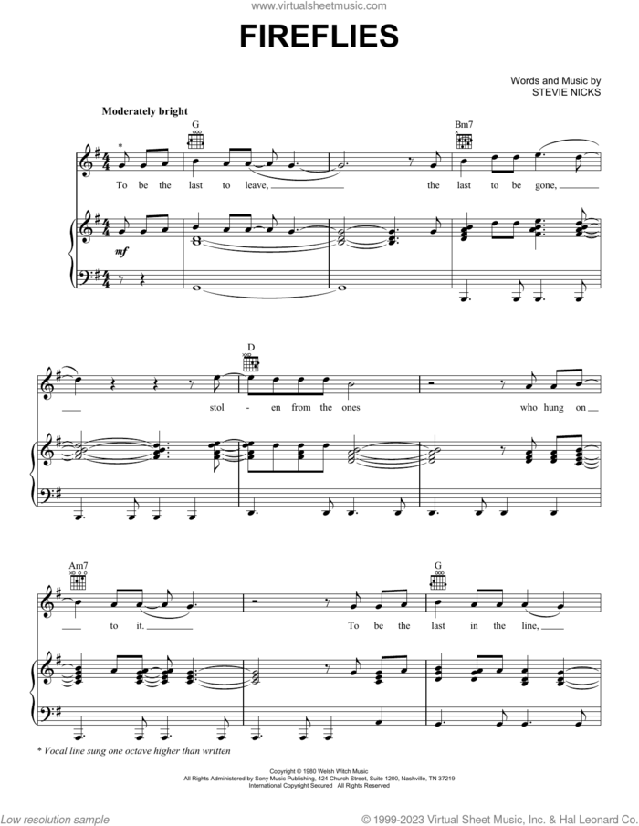 Fireflies sheet music for voice, piano or guitar by Fleetwood Mac and Stevie Nicks, intermediate skill level
