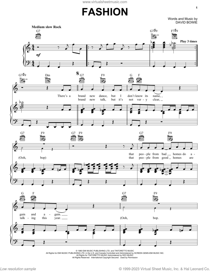 Fashion sheet music for voice, piano or guitar by David Bowie, intermediate skill level