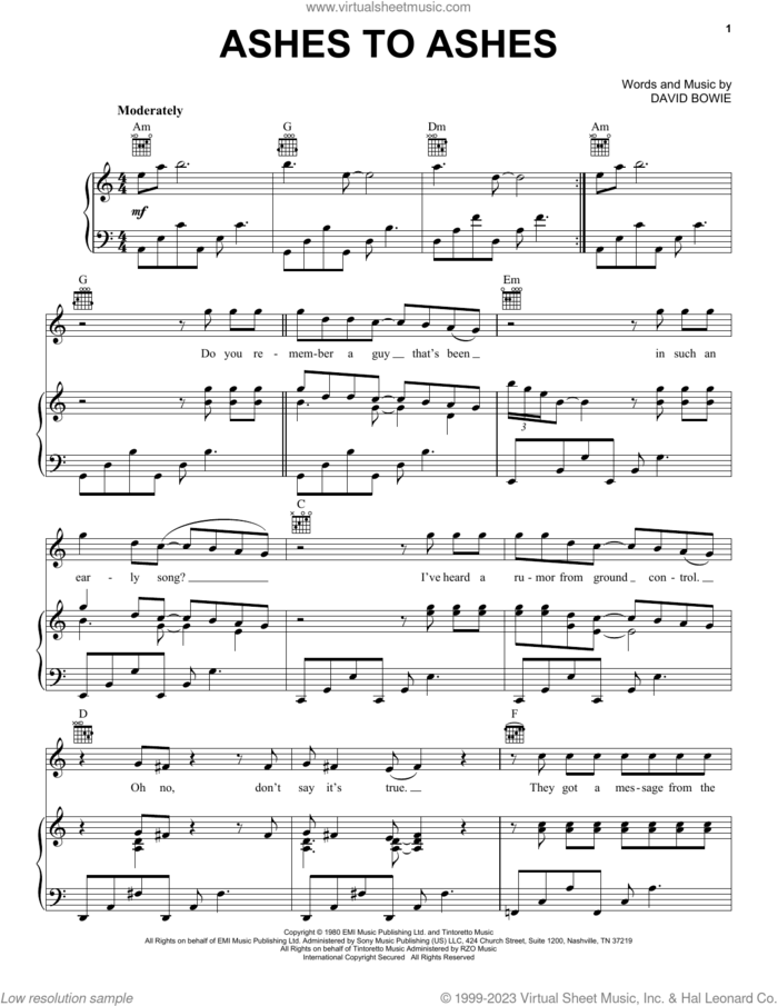 Ashes To Ashes sheet music for voice, piano or guitar by David Bowie, intermediate skill level