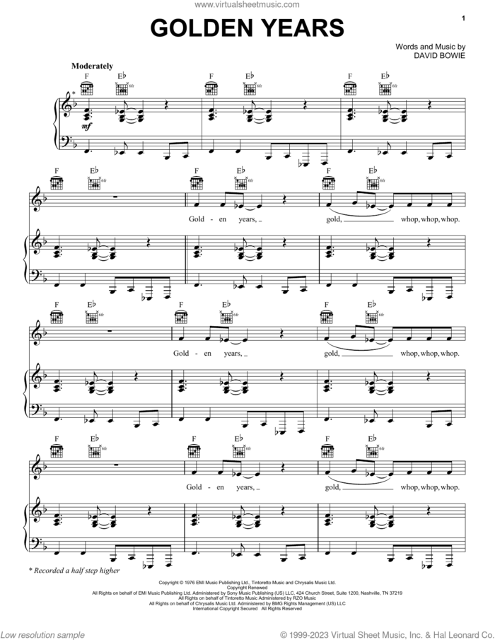 Golden Years sheet music for voice, piano or guitar by David Bowie, intermediate skill level