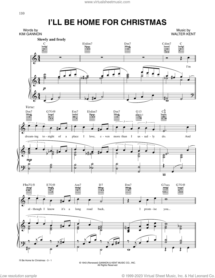 I'll Be Home For Christmas sheet music for voice, piano or guitar by Bing Crosby, Kim Gannon and Walter Kent, intermediate skill level
