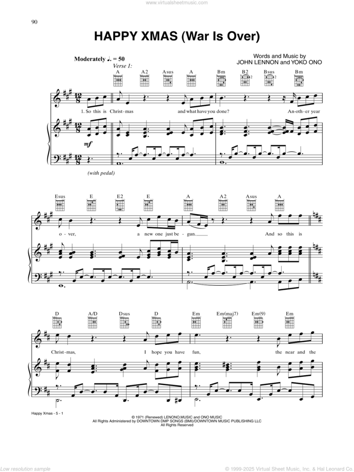 Happy Xmas (War Is Over) sheet music for voice, piano or guitar by John Lennon and Yoko Ono, intermediate skill level