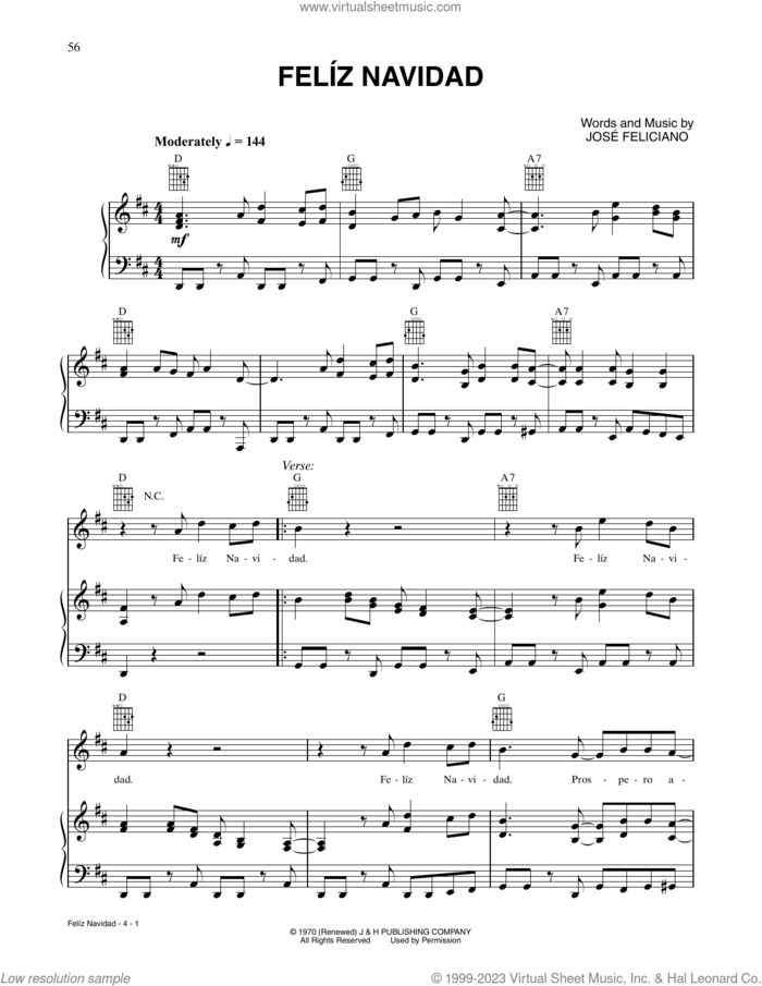 Feliz Navidad sheet music for voice, piano or guitar by Jose Feliciano, intermediate skill level
