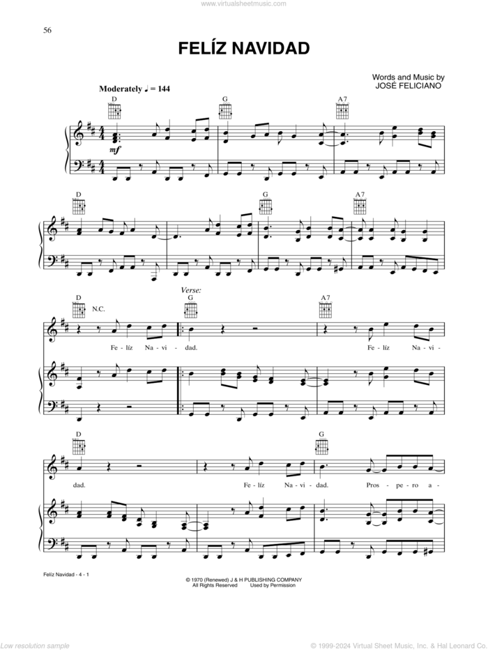 Feliz Navidad sheet music for voice, piano or guitar by Jose Feliciano, intermediate skill level