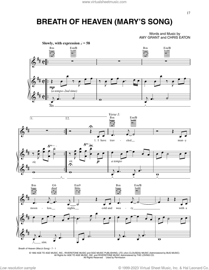 Breath Of Heaven (Mary's Song) sheet music for voice, piano or guitar by Amy Grant and Chris Eaton, intermediate skill level