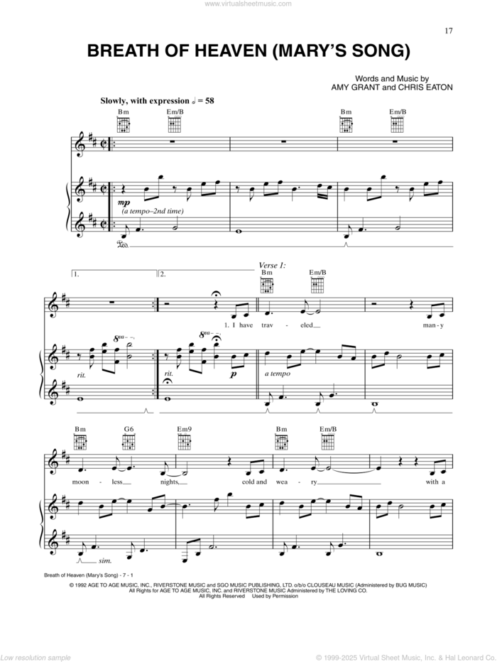 Breath Of Heaven (Mary's Song) sheet music for voice, piano or guitar by Amy Grant and Chris Eaton, intermediate skill level