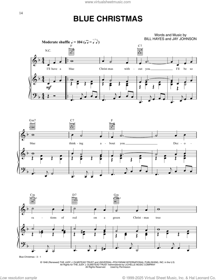 Blue Christmas sheet music for voice, piano or guitar by Elvis Presley, Billy Hayes and Jay Johnson, intermediate skill level