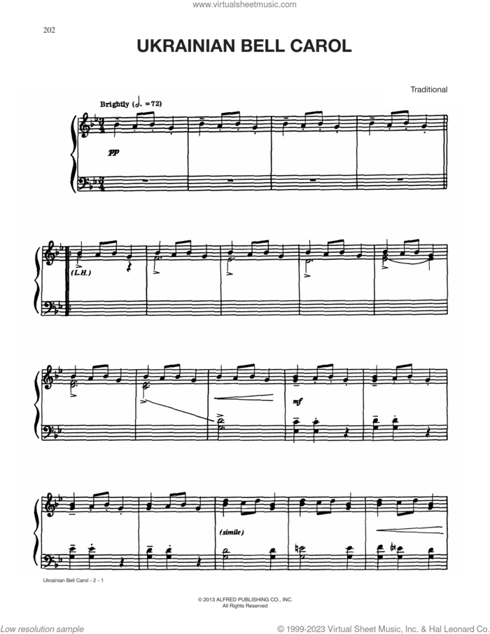 Ukrainian Bell Carol, (intermediate) sheet music for piano solo, intermediate skill level