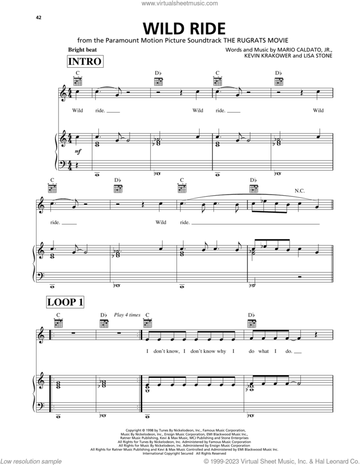 Wild Ride (from The Rugrats Movie) sheet music for voice, piano or guitar by Kevi of 1000 Clowns & Lisa Stone, Kevin Krakower, Lisa Stone and Mario Caldato, Jr., intermediate skill level