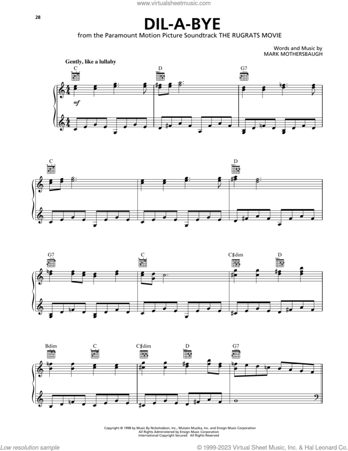 Dil-A-Bye (from The Rugrats Movie) sheet music for voice, piano or guitar by Elizabeth Daily and Mark Mothersbaugh, intermediate skill level