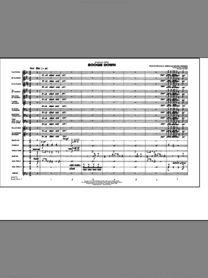 Boogie Down (COMPLETE) sheet music for marching band by Will Rapp, Al Jarreau, Michael Omartian and Paul Lavender, intermediate skill level