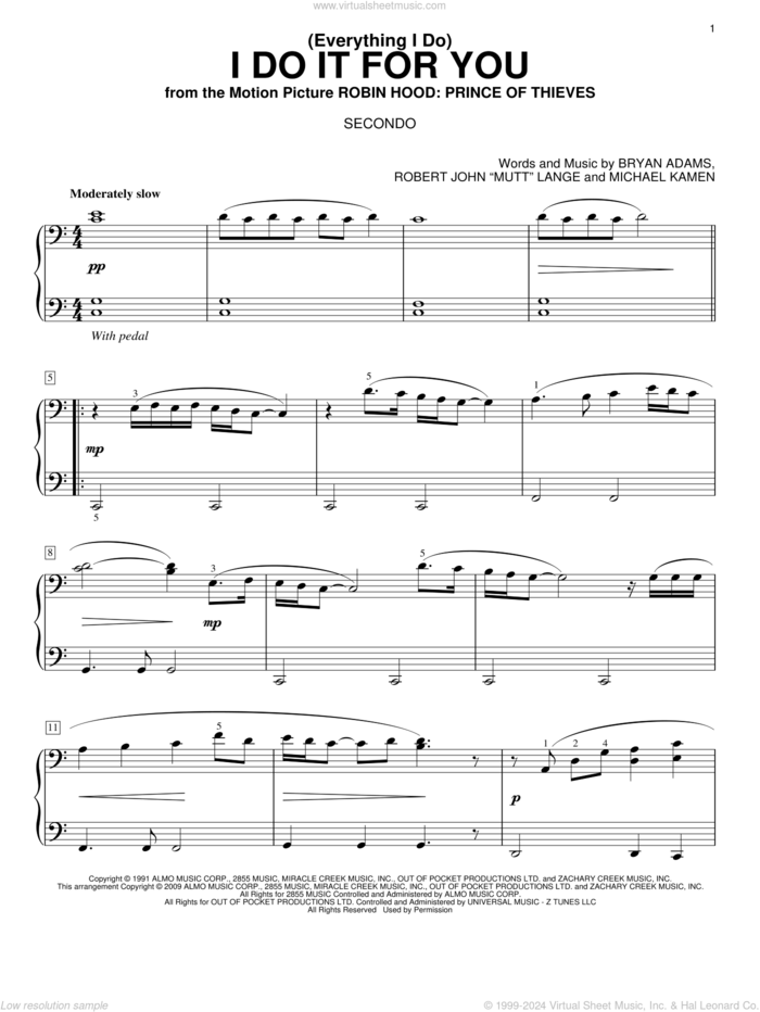 (Everything I Do) I Do It For You sheet music for piano four hands by Bryan Adams, Michael Kamen and Robert John Lange, intermediate skill level