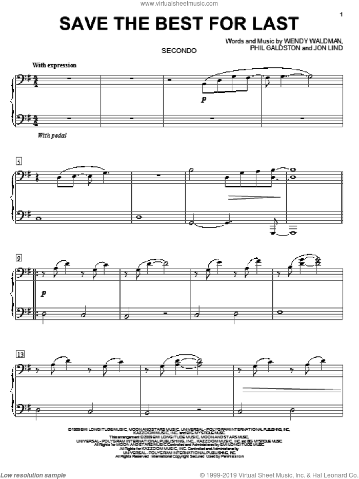 Save The Best For Last sheet music for piano four hands by Vanessa Williams, Jon Lind, Phil Galdston and Wendy Waldman, intermediate skill level
