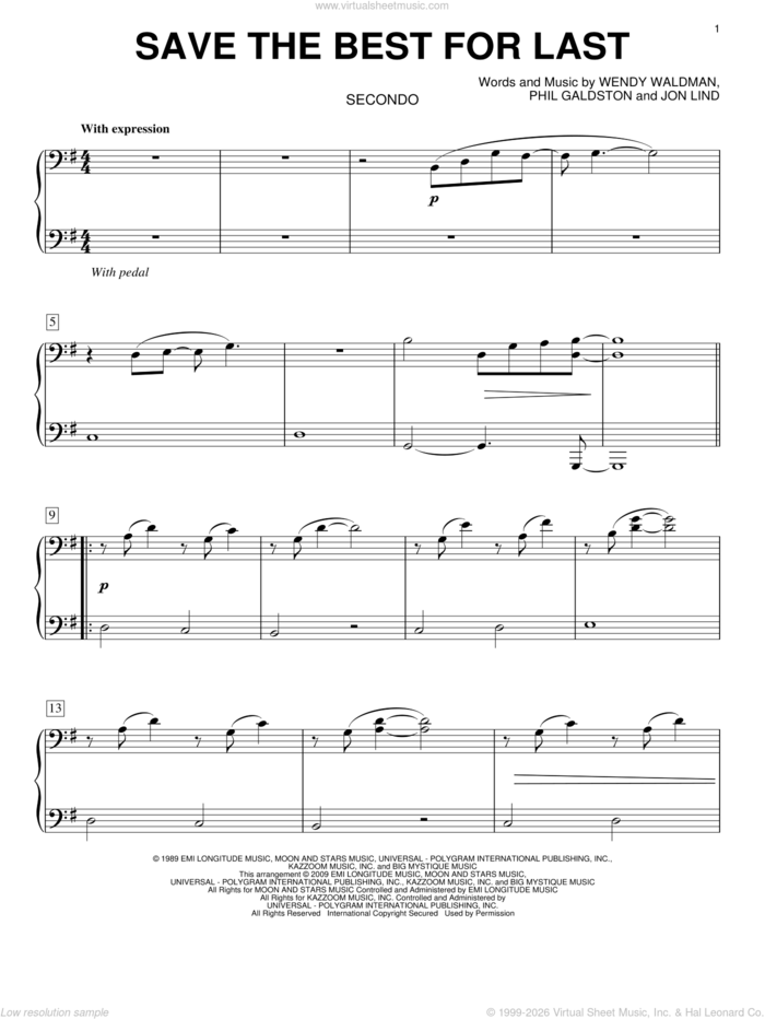 Save The Best For Last sheet music for piano four hands by Vanessa Williams, Jon Lind, Phil Galdston and Wendy Waldman, intermediate skill level