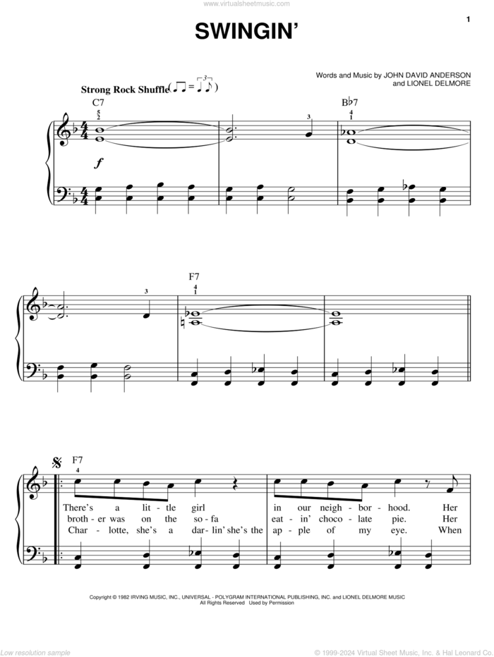 Swingin' sheet music for piano solo by John Anderson, John David Anderson and Lionel Delmore, easy skill level