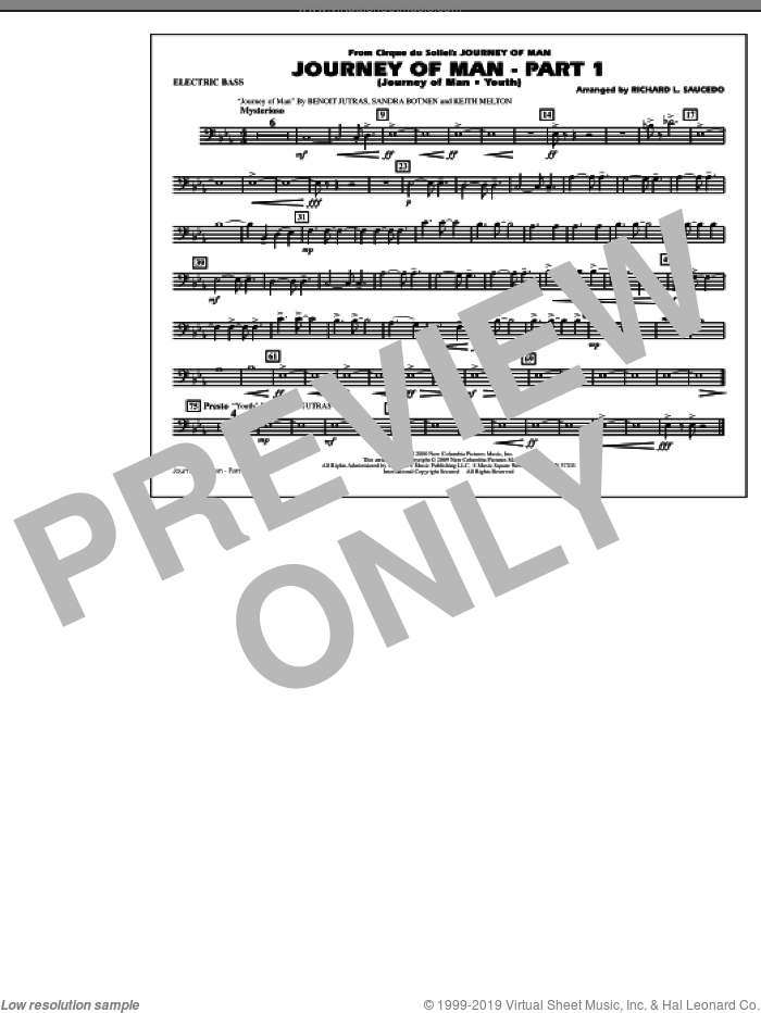 Journey of Man, part 1 (journey of man: youth) sheet music for marching band (electric bass) by Benoit Jutras, Keith Melton, Sandra Botnen and Richard L. Saucedo, intermediate skill level
