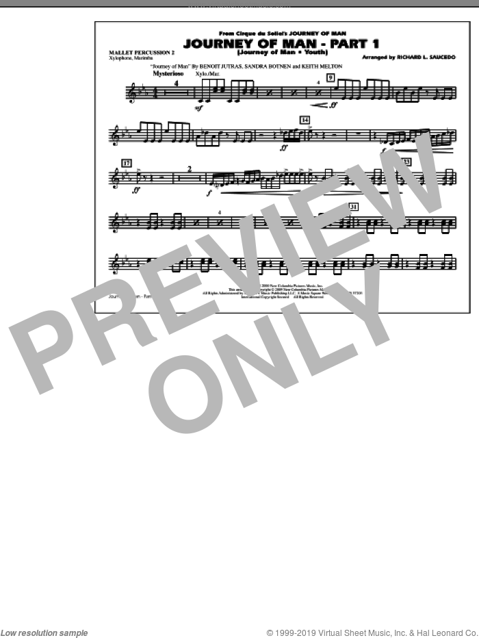 Journey of Man, part 1 (journey of man: youth) sheet music for marching band (mallet percussion 2) by Richard L. Saucedo, Benoit Jutras, Keith Melton and Sandra Botnen, intermediate skill level