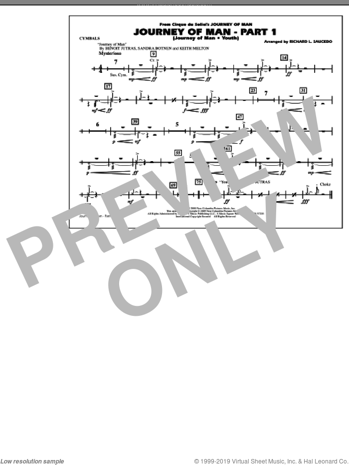 Journey of Man, part 1 (journey of man: youth) sheet music for marching band (cymbals) by Richard L. Saucedo, Benoit Jutras, Keith Melton and Sandra Botnen, intermediate skill level
