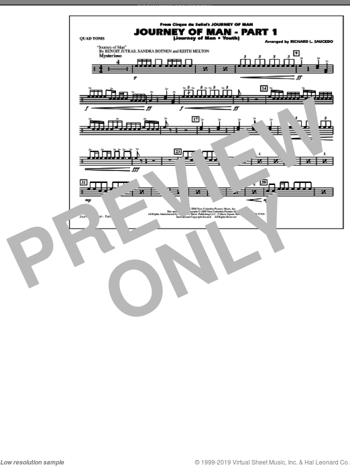 Journey of Man, part 1 (journey of man: youth) sheet music for marching band (quad toms) by Richard L. Saucedo, Benoit Jutras, Keith Melton and Sandra Botnen, intermediate skill level