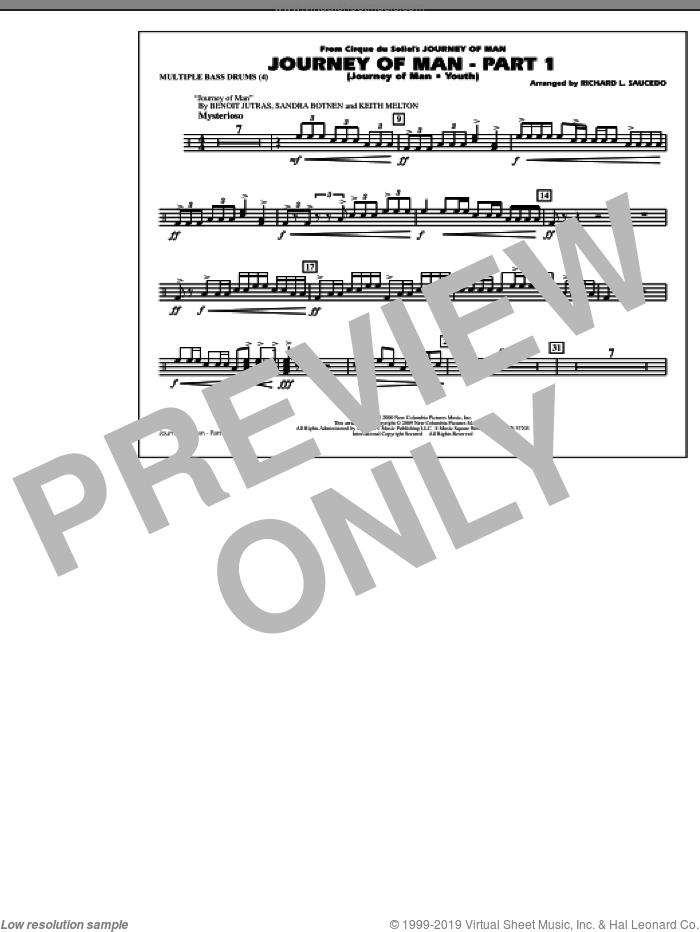 Journey of Man, part 1 (journey of man: youth) sheet music for marching band (multiple bass drums) by Richard L. Saucedo, Benoit Jutras, Keith Melton and Sandra Botnen, intermediate skill level