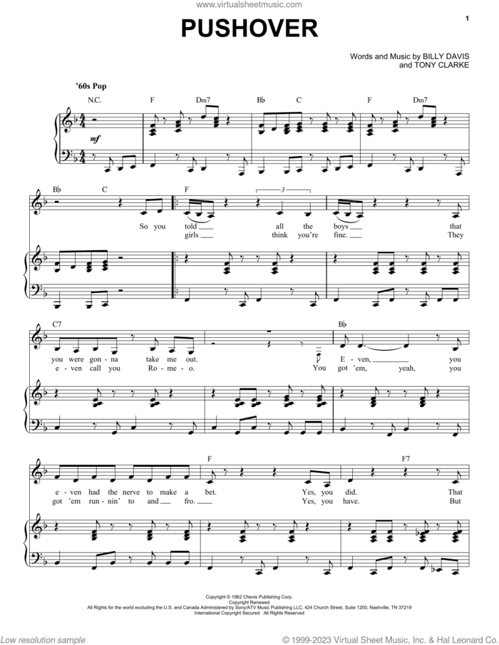 Pushover sheet music for voice and piano by Etta James, Billy Davis and Tony Clarke, intermediate skill level