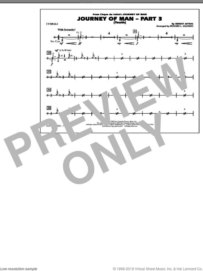 Journey of Man, part 3 (youth) sheet music for marching band (cymbals) by Benoit Jutras and Richard L. Saucedo, intermediate skill level