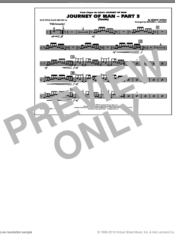 Journey of Man, part 3 (youth) sheet music for marching band (multiple bass drums) by Benoit Jutras and Richard L. Saucedo, intermediate skill level