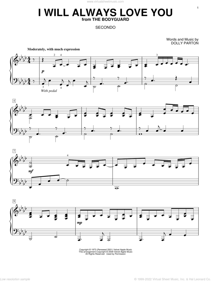 I Will Always Love You sheet music for piano four hands by Dolly Parton and Whitney Houston, wedding score, intermediate skill level